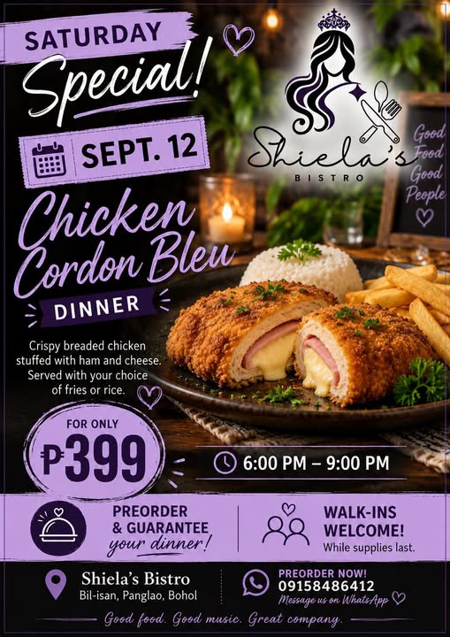 Flyer for Shiela's Bistro Chicken Cordon Bleu Dinner on September 12 from 6 PM to 9 PM, priced at 399 pesos